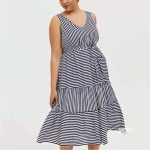 Torrid Tiered Midi Dress Navy White Stripe Belted Nautical Plus Size 3 (3X) NWT